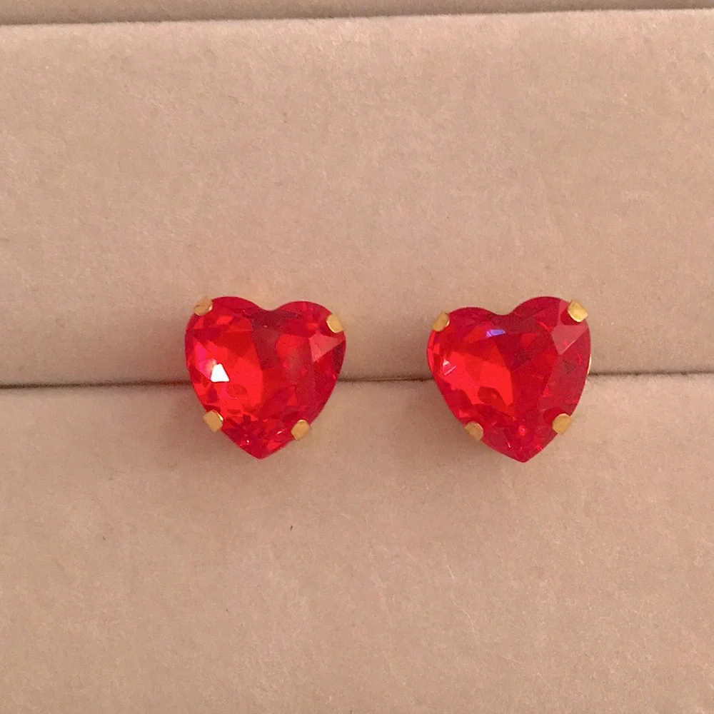 Siam Red + Gold Crystal Heart Earrings